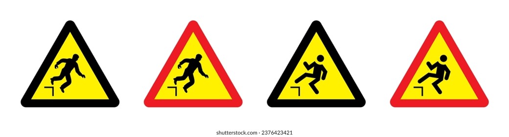 Caution and watch your step and be careful of warning signs. Mind the step. The danger step hazard symbol sign isolated on yellow background label. Vector illustration