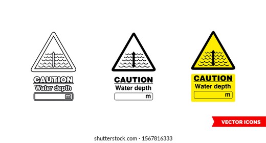 Caution Water Depth Hazard Sign Icon Of 3 Types: Color, Black And White, Outline. Isolated Vector Sign Symbol.
