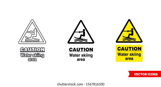 Caution water skiing area hazard sign icon of 3 types: color, black and white, outline. Isolated vector sign symbol.
