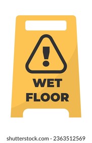 caution wet floor. accident danger safety yellow plastic sign, attention stairs water on surface. vector cartoon illustration.