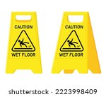 Caution Wet Floor and Cuidado Piso Mojado warning sign in English and Spanish. Traditional yellow board, cleaning equipment.
Vector flat cartoon illustration.