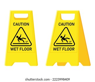 Caution Wet Floor and Cuidado Piso Mojado warning sign in English and Spanish. Traditional yellow board, cleaning equipment.
Vector flat cartoon illustration. - Shutterstock ID 2223998409