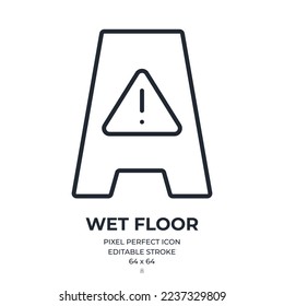 Caution wet floor editable stroke outline icon isolated on white background flat vector illustration. Pixel perfect. 64 x 64.