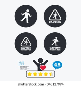 Caution wet floor icons. Human falling triangle symbol. Slippery surface sign. Star vote ranking. Client like and think bubble. Quotes with message.