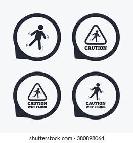 Caution wet floor icons. Human falling triangle symbol. Slippery surface sign. Flat icon pointers.