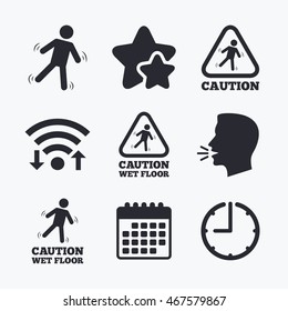 Caution wet floor icons. Human falling triangle symbol. Slippery surface sign. Wifi internet, favorite stars, calendar and clock. Talking head. Vector