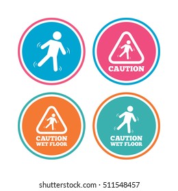Caution wet floor icons. Human falling triangle symbol. Slippery surface sign. Colored circle buttons. Vector
