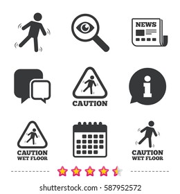 Caution wet floor icons. Human falling triangle symbol. Slippery surface sign. Newspaper, information and calendar icons. Investigate magnifier, chat symbol. Vector