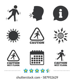 Caution wet floor icons. Human falling triangle symbol. Slippery surface sign. Information, go to web and calendar icons. Sun and loud speak symbol. Vector