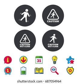 Caution wet floor icons. Human falling triangle symbol. Slippery surface sign. Calendar, Information and Download signs. Stars, Award and Book icons. Light bulb, Shield and Search. Vector