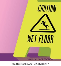 Caution wet floor plastic sign on color background, flat vector illustration. Prevention of injury from fall on wet slippery floor. Injury risks insurance banner.