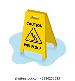 caution wet floor, puddle, vector illustration 