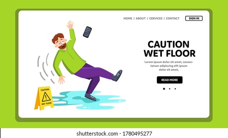 Vorsicht Wet Floor Schild und Falling Man Vector. Geschäftsmann fällt auf den Nassboden, fliegendes Mobiltelefon, Warnung vor Plastiknamen. Illustration zum Thema Webflatterkrankungen mit Zeichengefahr