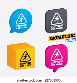 Caution Wet Floor Sign Icon. Human Falling Triangle Symbol. Isometric Speech Bubbles And Cube. Rotated Icons With Edges. Vector