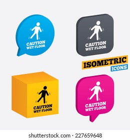 Caution Wet Floor Sign Icon. Human Falling Symbol. Isometric Speech Bubbles And Cube. Rotated Icons With Edges. Vector