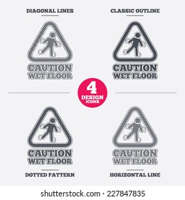 Caution wet floor sign icon. Human falling triangle symbol. Diagonal and horizontal lines, classic outline, dotted texture. Pattern design icons.  Vector