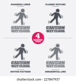 Caution wet floor sign icon. Human falling symbol. Diagonal and horizontal lines, classic outline, dotted texture. Pattern design icons.  Vector