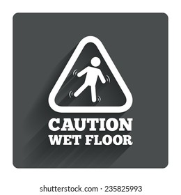 Caution wet floor sign icon. Human falling triangle symbol. Gray flat square button with shadow. Modern UI website navigation. Vector