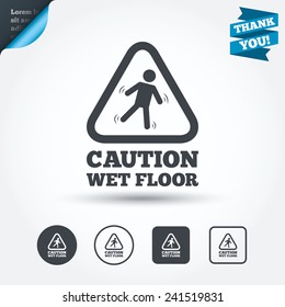 Caution wet floor sign icon. Human falling triangle symbol. Circle and square buttons. Flat design set. Thank you ribbon. Vector