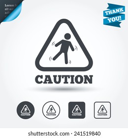 Caution wet floor sign icon. Human falling triangle symbol. Circle and square buttons. Flat design set. Thank you ribbon. Vector