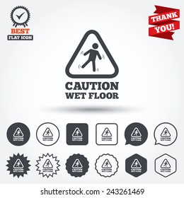Caution wet floor sign icon. Human falling triangle symbol. Circle, star, speech bubble and square buttons. Award medal with check mark. Thank you ribbon. Vector