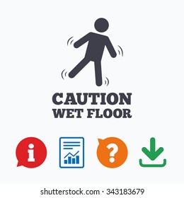 Caution wet floor sign icon. Human falling symbol. Information think bubble, question mark, download and report.