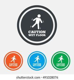 Caution wet floor sign icon. Human falling symbol. Graphic design web element. Flat wet floor symbol on the round button. Vector