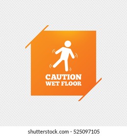 Caution wet floor sign icon. Human falling symbol. Orange square label on pattern. Vector