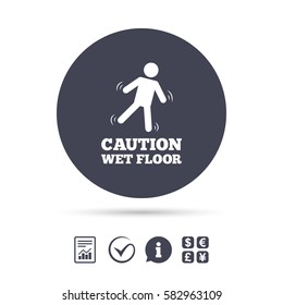 Caution wet floor sign icon. Human falling symbol. Report document, information and check tick icons. Currency exchange. Vector