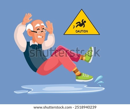 
Caution Wet Floor Sign Ignored by Senior Citizen Vector Cartoon. Elderly man losing his balance slipping on a wet surface 
