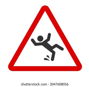 Caution wet floor sign. A man falling down icon in red triangle. Slippery floor. A sign warning of danger. Vector illustration isolated on white background.