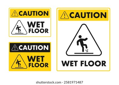 Caution wet floor signs showing slipping stick figure and warning triangle