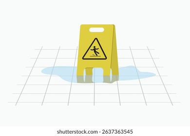 Caution wet floor, slippery way after cleaning. Yellow plastic warning sign on slick wet floor, icon or sign template isolated on white background. flat design vector illustration