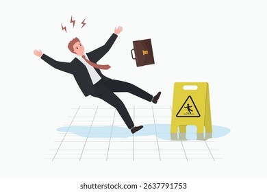 Caution wet floor, slippery way after cleaning. Inattentive man slipped on a wet floor. Danger accident. Yellow plastic warning sign on slick wet floor. flat design vector illustration