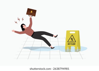 Caution wet floor, slippery way after cleaning. Inattentive woman slipped on a wet floor. Danger accident. Yellow plastic warning sign on slick wet floor. flat design vector illustration