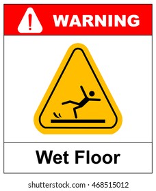 Caution wet floor. Vector warning sicker label for office and public centers. Yellow caution symbol isolated on white. Falling man silhouette.