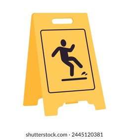 Precaución Piso Mojado.  Señal de advertencia. Elemento de diseño de placa de plástico. Pictograma humano que cae. Ilustración plana del Vector.