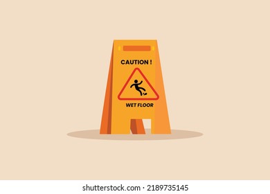 Caution wet floor yellow plastic floor sign. Cleaning service concept. Colored flat graphic vector illustration isolated.