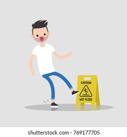 Caution, wet floor. Young character slipped on a wet surface. Falling down. Flat editable vector illustration, clip art