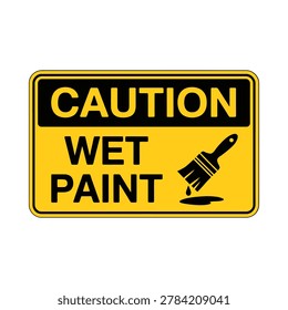 Caution wet paint sign with paintbrush icon yellow and black