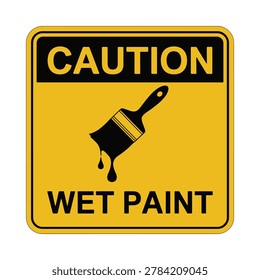 Caution wet paint sign with paintbrush silhouette yellow background