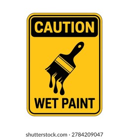 Caution wet paint sign with paintbrush black on yellow