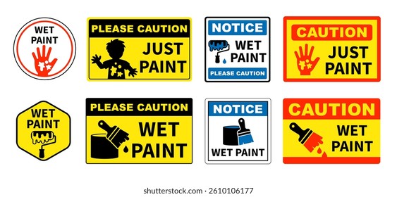 Caution Wet Paint Sign Set. Editable Vector Warning Signs with text and icons