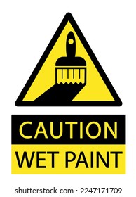 Caution, wet paint. Yellow triangle sign with paintbrush . Text below.