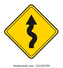 caution winding road traffic sign vector icon, modern design, flat style, black and yellow color
