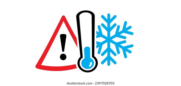Caution, winter concept. Beware very cold temperature signboard. Weather, thermometer or temperature indicate with snowflake. Freezing hazard sign. Very coldly and scorching. Winter check.
