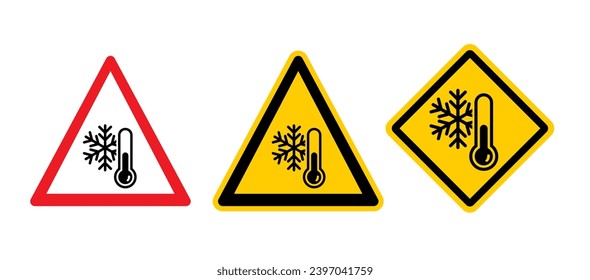 Caution, winter concept. Beware very cold temperature signboard. Weather, thermometer or temperature indicate with snowflake. Freezing hazard sign. Very coldly and scorching. 