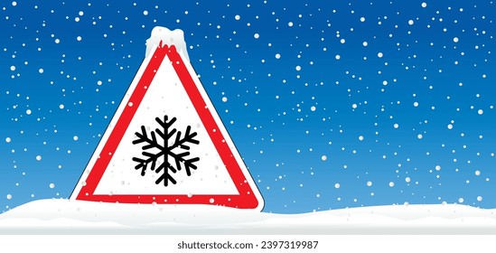 Caution, winter and snowfall. Beware very cold temperature signboard. Weather, thermometer or temperature indicate with snowflake. Freezing hazard sign. Very coldly and scorching. falling snow ball.