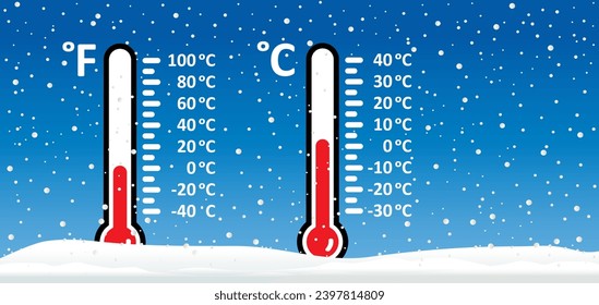 Caution, winter and snowfall. Fahrenheit, kelvin or Celsius,  very cold temperature. Weather, thermometer or temperature indicate with snowflake. Freezing, coldly and scorching. Falling snow ball.