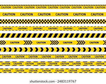 Cinta negra amarilla de precaución. Cintas de barrera para lugares peligrosos. Cintas de peligro. Conjunto de bandas de advertencia para las zonas de trabajo. Líneas de frontera de rayas sin costuras en construcción. Ilustración vectorial.